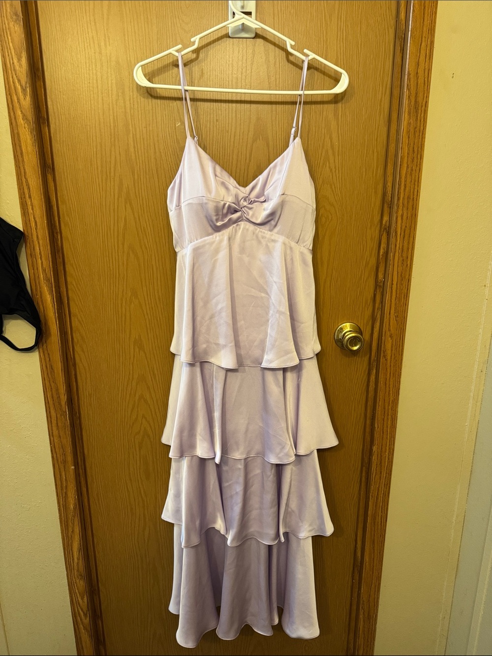 Lavender Tiered Satin Spaghetti-Strap Maxi Dress